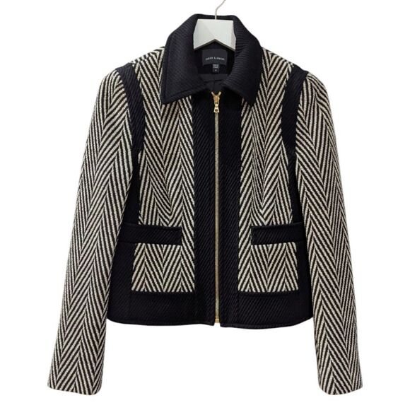 Judith & Charles Women's Black and Grey Chevron Collared Jacket Gold Zip Up - Picture 1 of 8